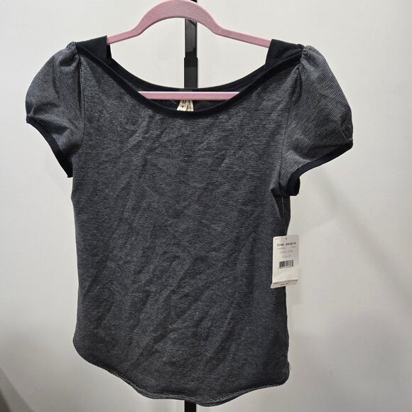 NWT Free People Black Stripe Cap Sleeve Fitted Top Shirt Medium - Picture 1 of 7